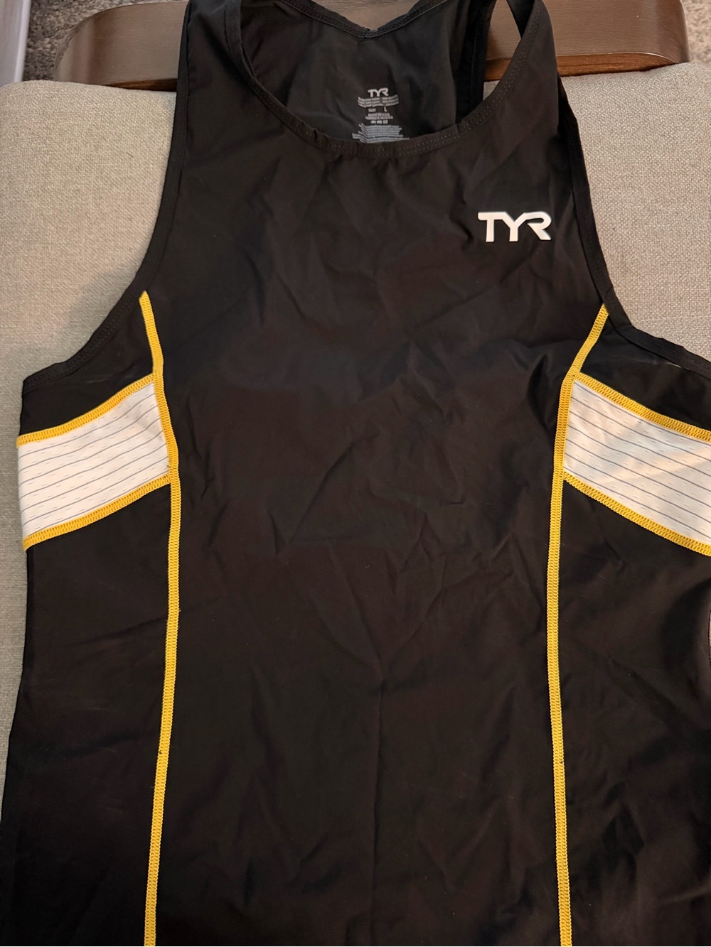 TYR Men's large Black Gold White Triathlon Singlet Tank Carbon USA